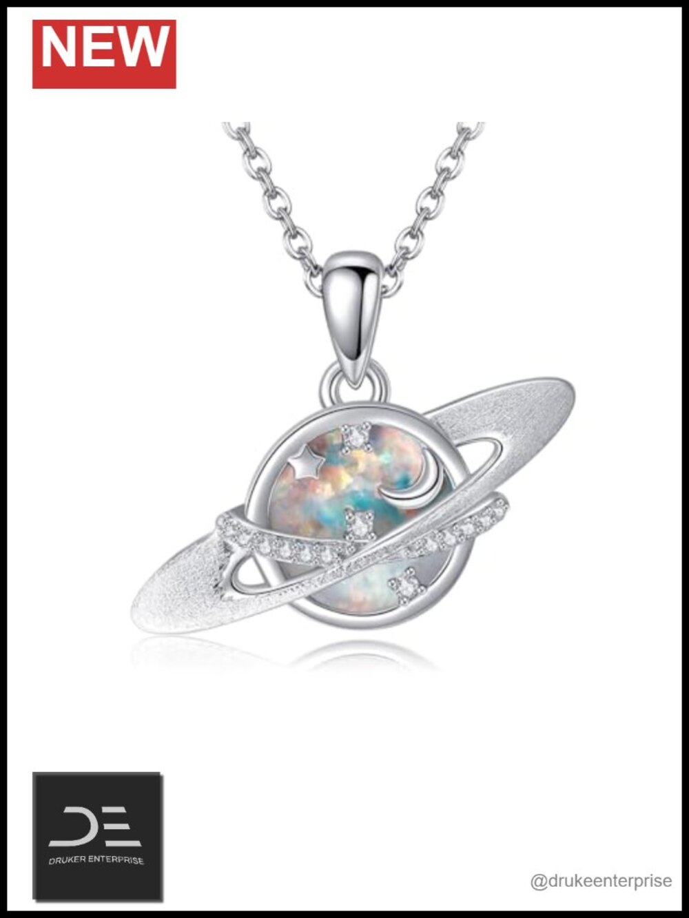 Saturn Necklace 925 Sterling Silver Planet Opal Pendant Necklace